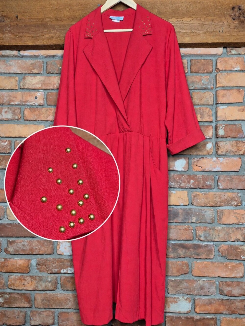 🇨🇦 Vintage 80s Liz Moody Midi Dress Studded Collar Wrap Front Plus Size